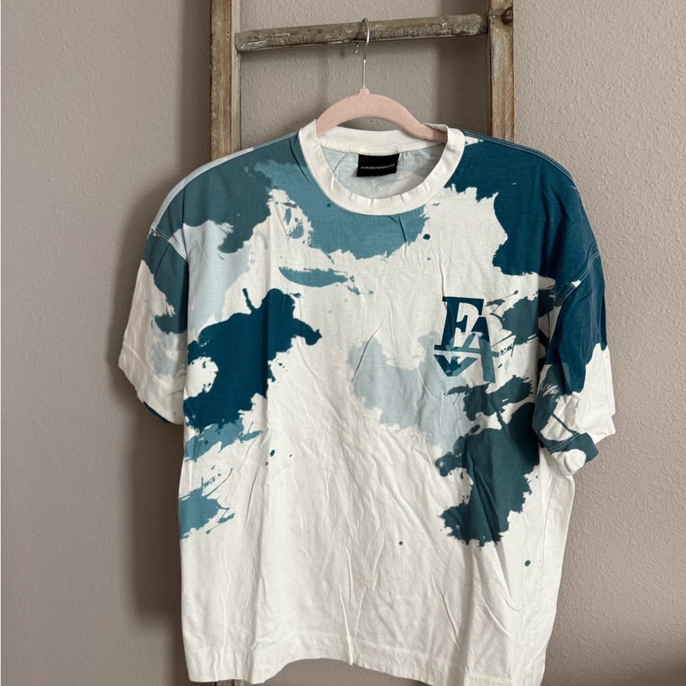 Emporio Armani White and Teal Abstract T-Shirt size M